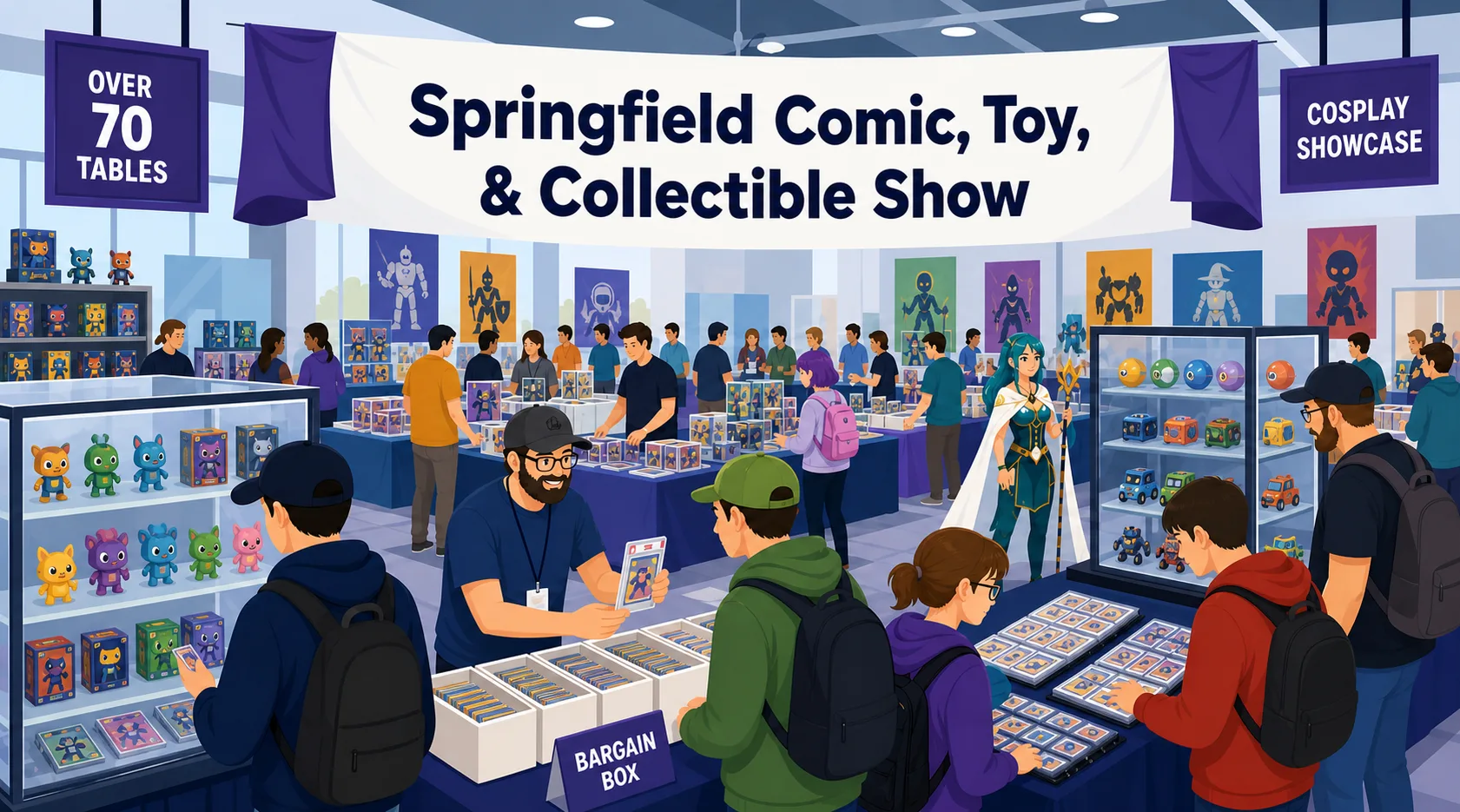 Springfield Comic, Toy, & Pokemon Show floor with 70+ vendor tables, glass cases of Pokemon figures, graded card displays, bargain card box, and cosplayer.