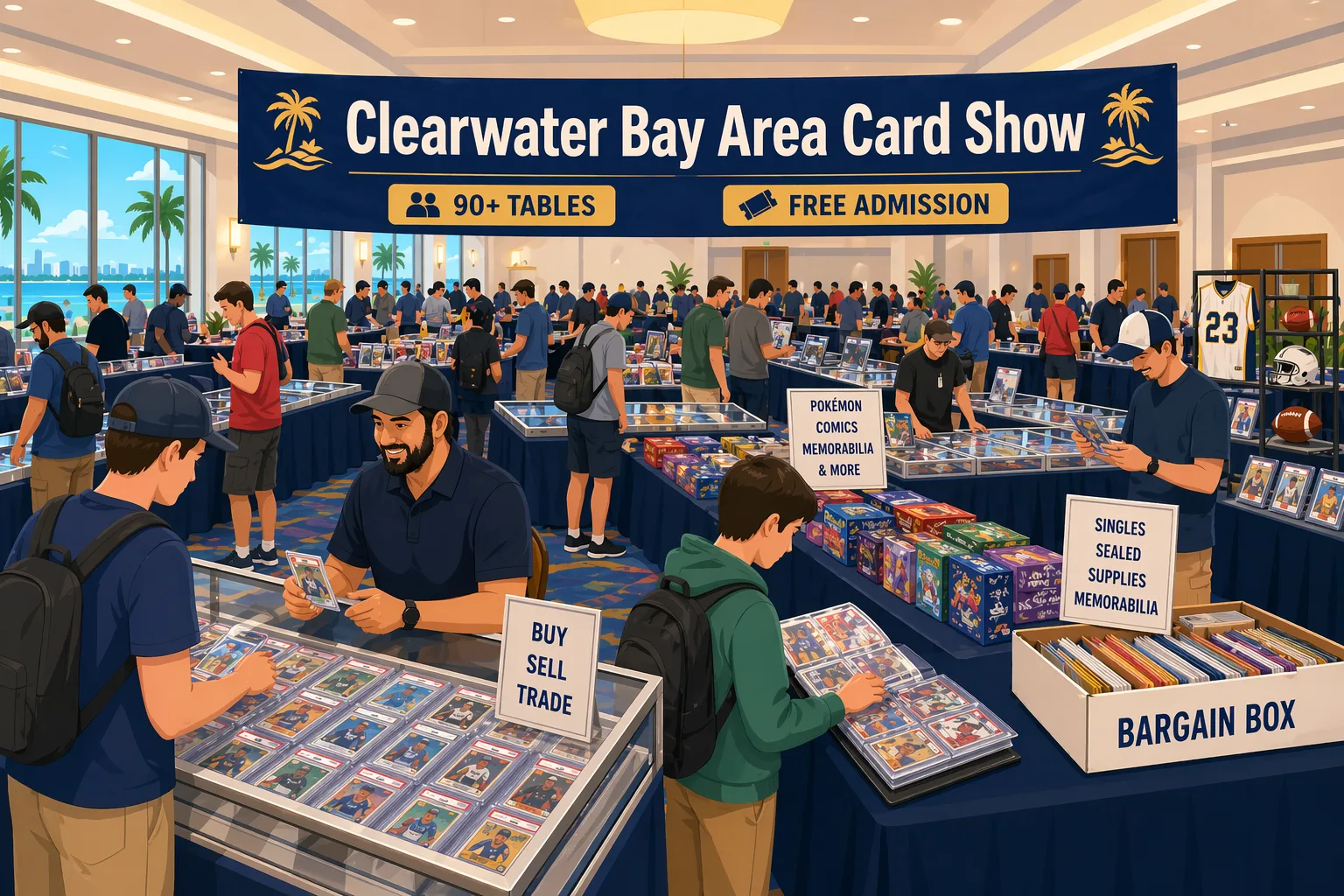Illustration of the Clearwater Bay Area Card Show in Clearwater, Florida, with vendor tables, slabs, binders, comics, memorabilia, and collectors trading, plus a kid in a hoodie and backpack in the foreground looking through a TCG binder.