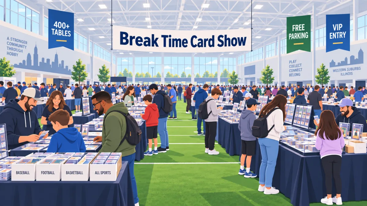 Illustration of collectors browsing rows of card tables on the indoor turf at Break Time Card Show, with signs for 400+ tables, free parking, and VIP entry.
