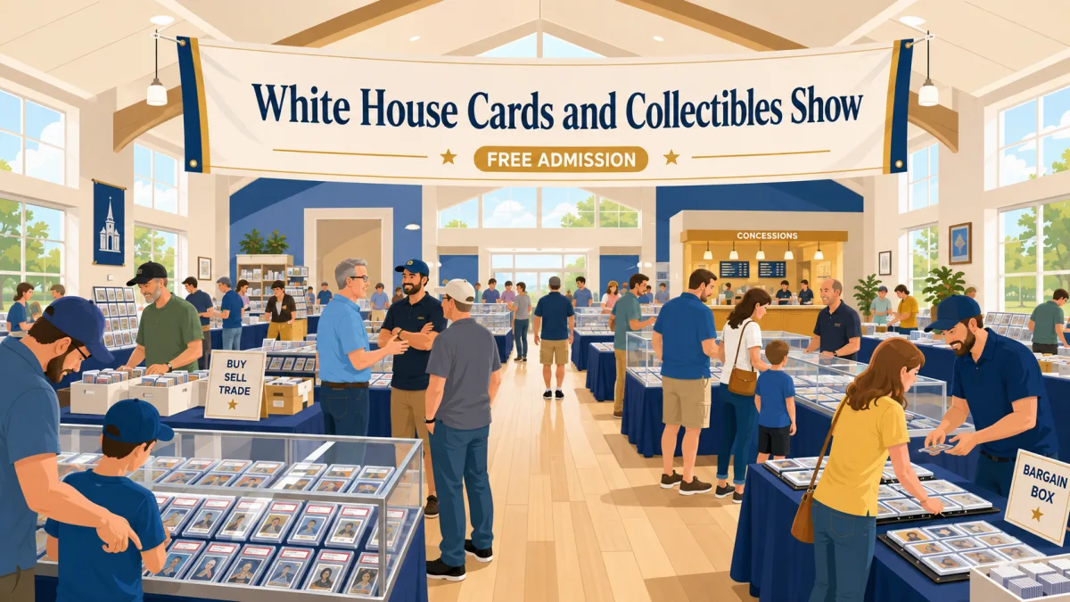 Collectors browse card tables in a spacious church community hall beneath a White House Cards and Collectibles Show banner with a Free Admission callout.