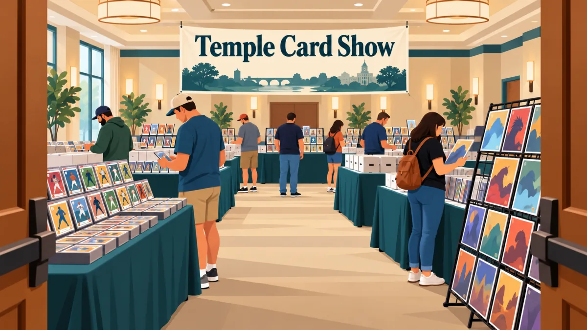 Collectors browse trading-card displays and comic-book racks in a hotel meeting room beneath a Temple Card Show banner.