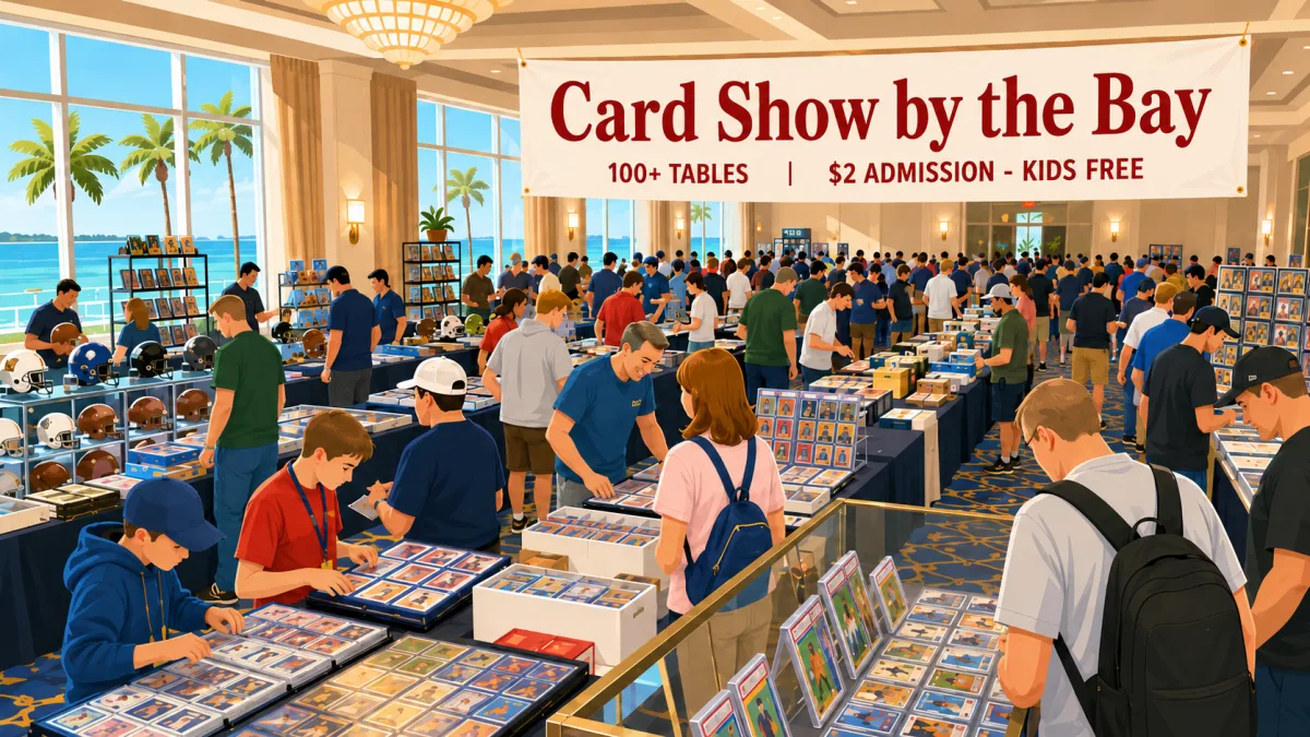 Card Show by the Bay in a sunlit bayfront ballroom with rows of graded card tables, football helmet displays, and collectors browsing slabs.