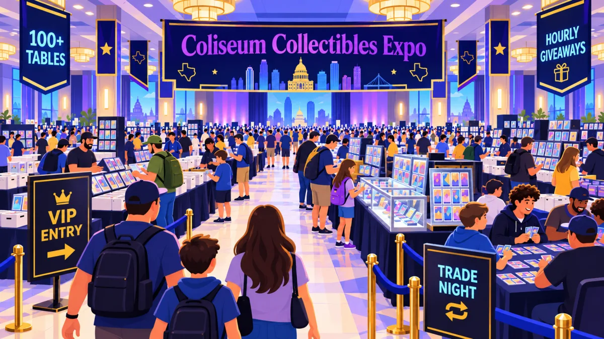 Illustration of collectors browsing vendor and tournament tables beneath a Coliseum Collectibles Expo banner inside a civic-center ballroom.