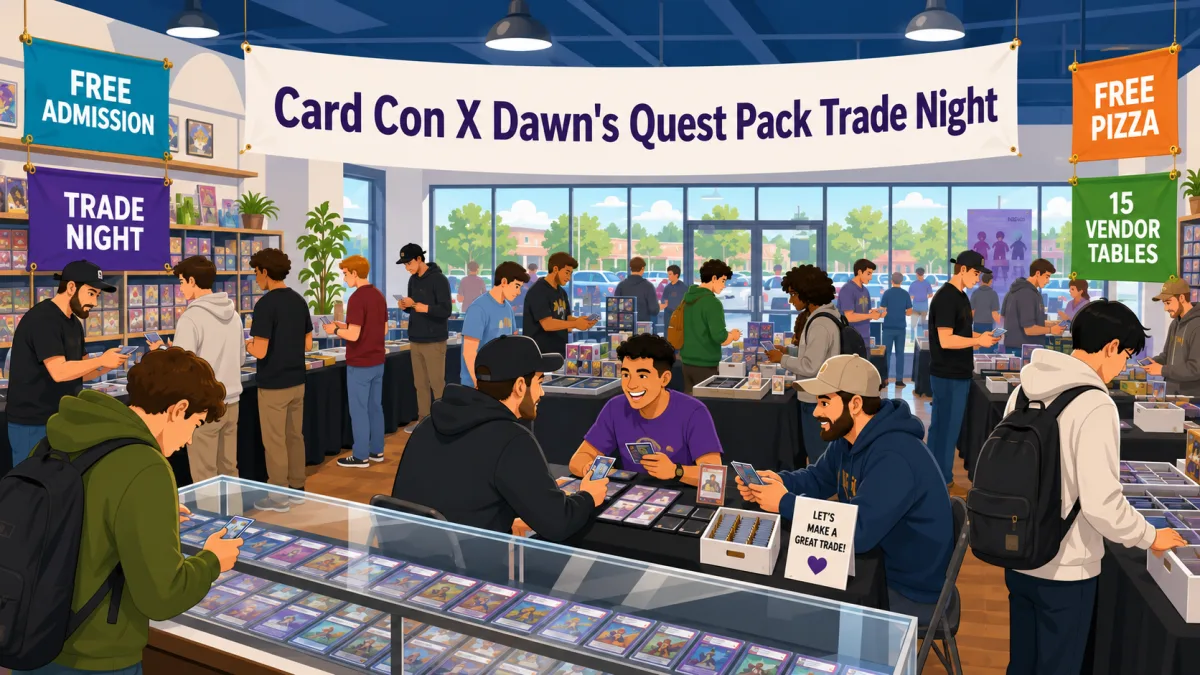 Card Con X Dawn's Quest Pack Trade Night, with collectors trading cards over a glass display case of slabs and vendor tables lining the room