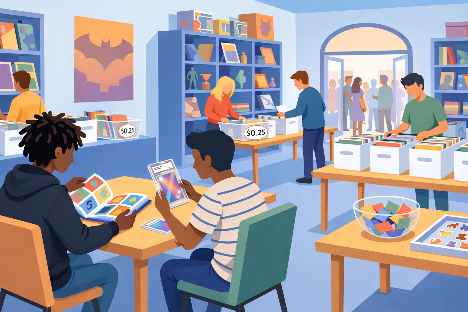 Modern flat illustration of a busy comic and collectibles shop, with people browsing long boxes of cards and comics, two people reviewing items at a table, and shelves of books and display pieces in a bright blue room.