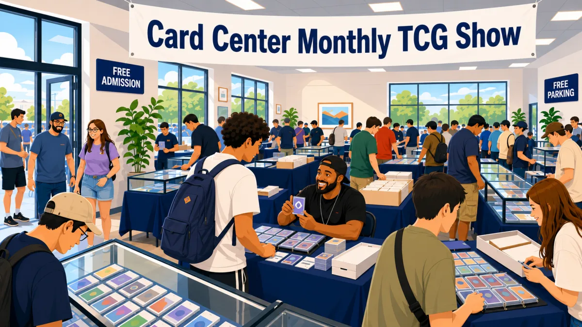 Illustrated interior of the Card Center Monthly TCG Show with collectors browsing card tables beneath Free Admission and Free Parking signs.