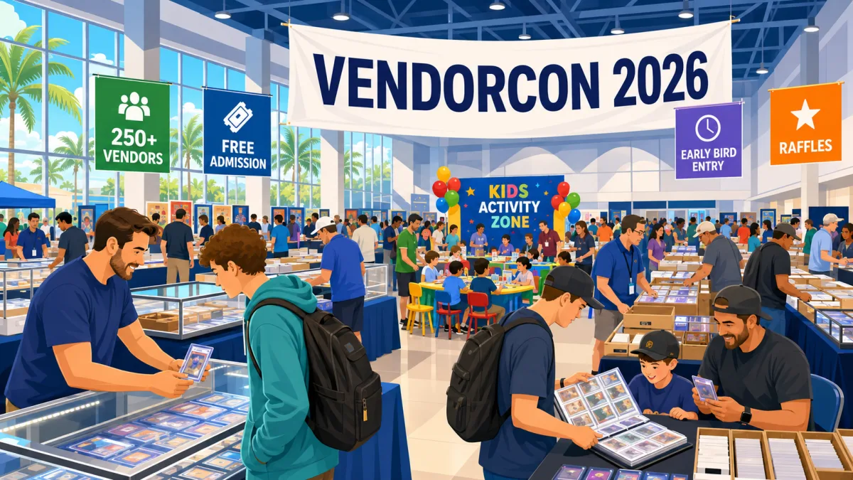Illustration of families and collectors browsing card and collectible tables beneath a VENDORCON 2026 banner inside a large convention center.