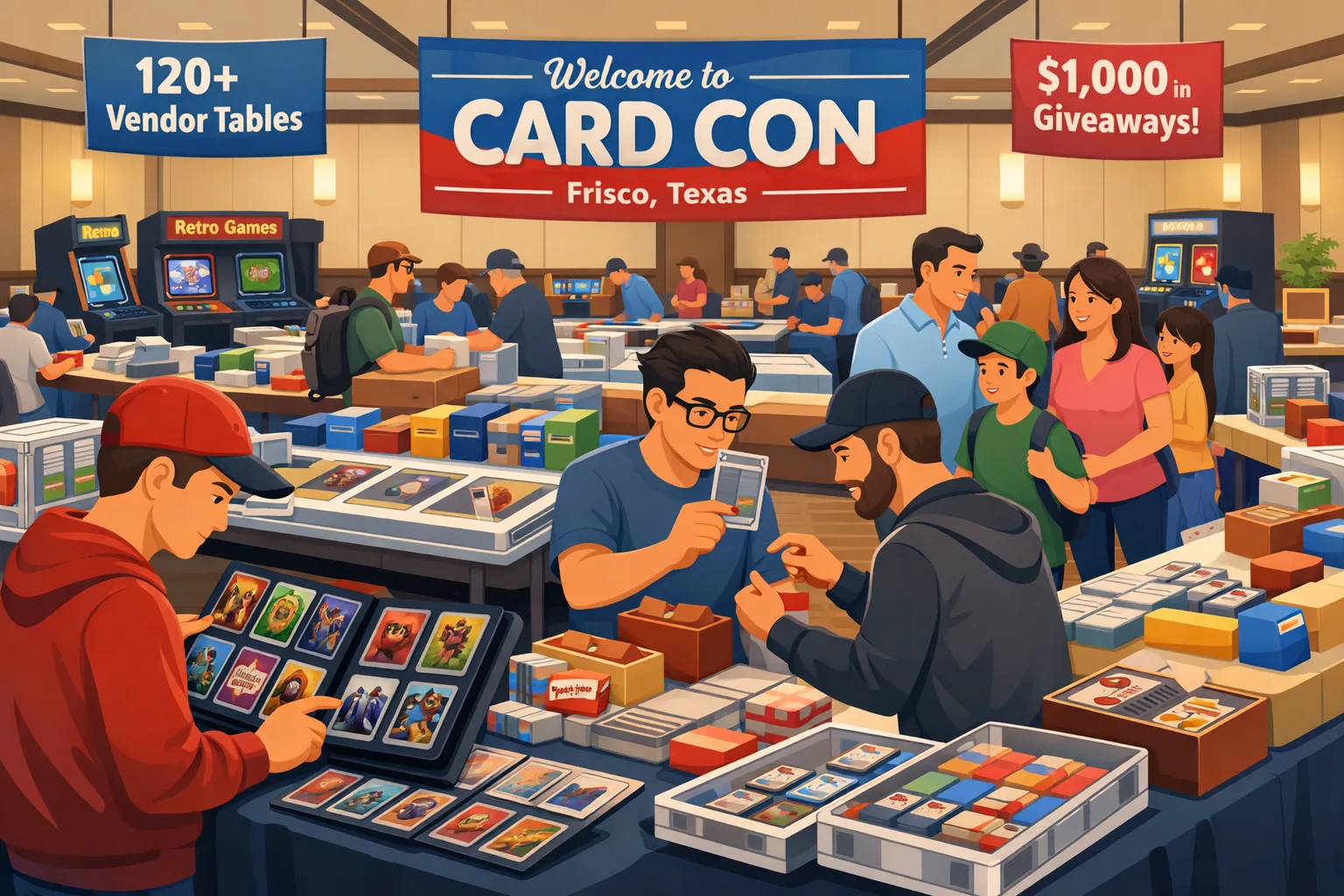 Card Con hero illustration showing a busy hotel card and gaming event in Frisco, Texas with vendor tables, display cases, collectors trading, a family walking the aisle, and a retro gaming area in the background.