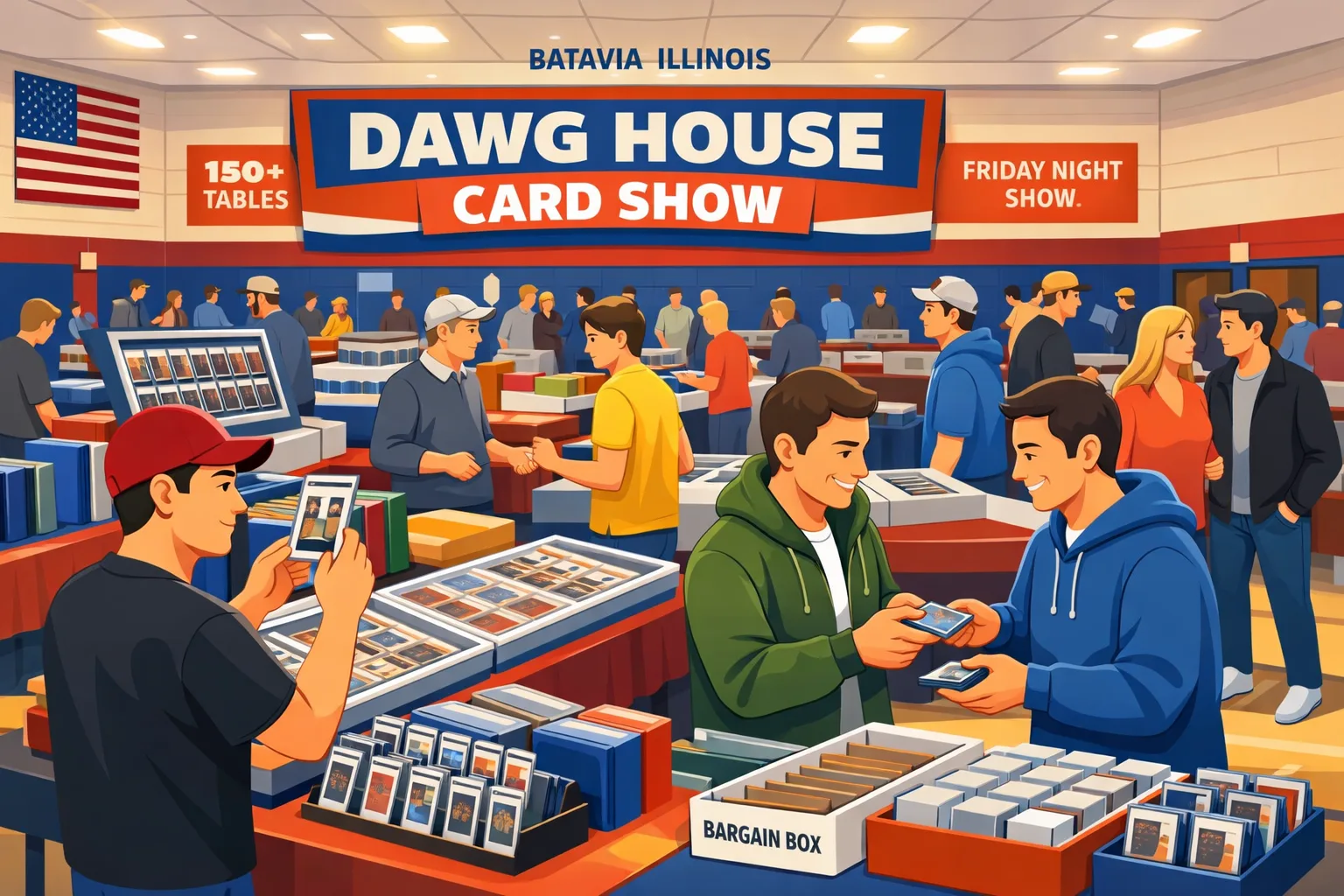Dawg House Card Show in Batavia, Illinois on April 3, 2026, with a busy Friday night hobby floor, vendor tables, display cases, and collectors browsing trading cards.