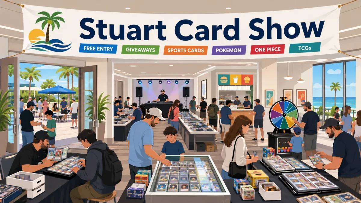 Stuart Card Show in Florida with collectors at glass display cases of graded cards, open binders, a prize wheel, and palm trees beyond the windows.