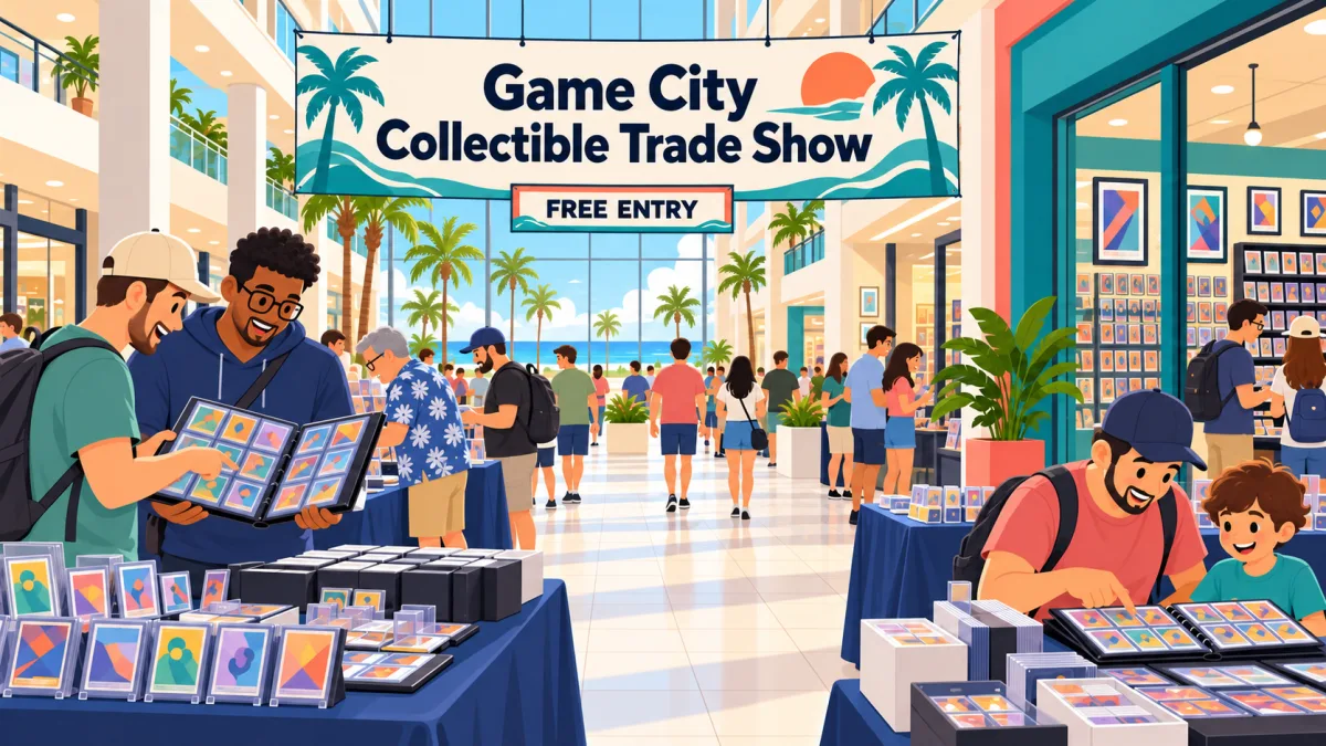 Collectors browse tabletop card displays and compare binders in a bright indoor mall beneath a Game City Collectible Trade Show banner and a free entry sign.