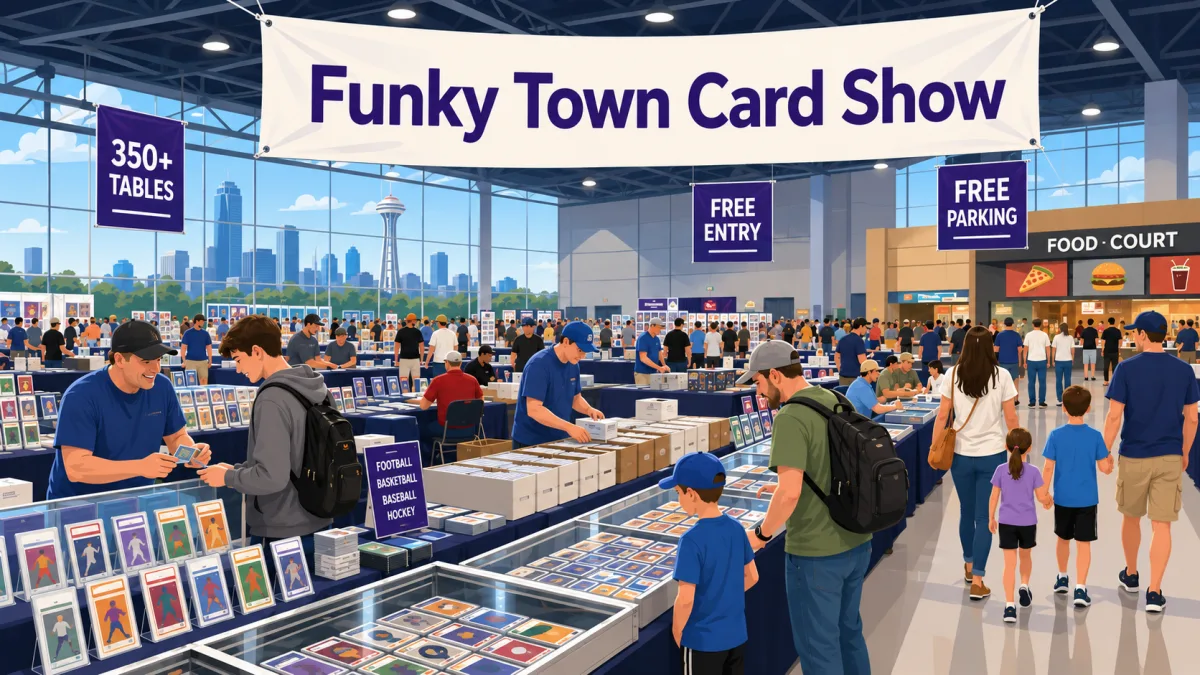 Funky Town Card Show convention hall with 350 plus vendor tables, glass display cases of graded football and basketball cards, and families browsing