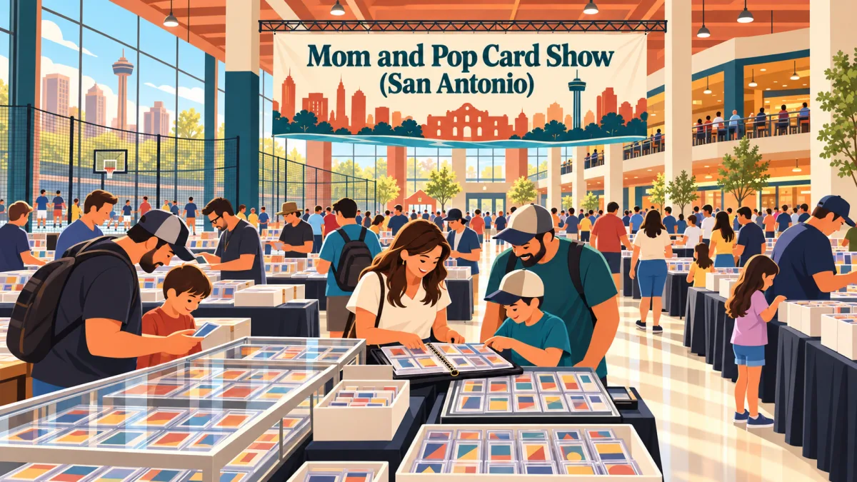 Collectors and families browse trading card tables beneath a Mom and Pop Card Show (San Antonio) banner, with sports courts and a dining area in the background.