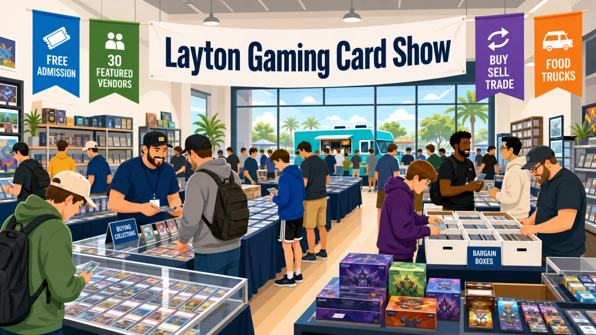 Layton Gaming Card Show with vendors at glass display cases of trading cards, stacked sealed booster boxes, and bargain box bins as attendees browse.
