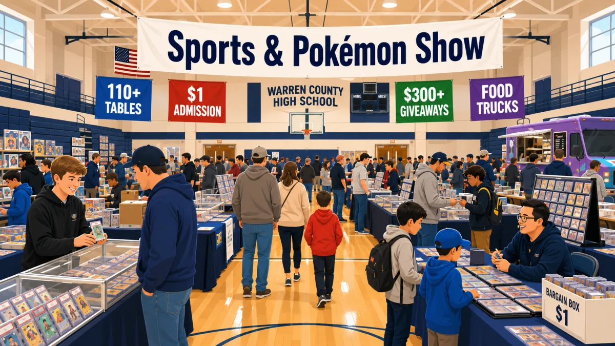 Sports and Pokémon Show inside Warren County High School gym, crowds browsing glass cases of graded cards beneath 110+ tables and food truck banners.