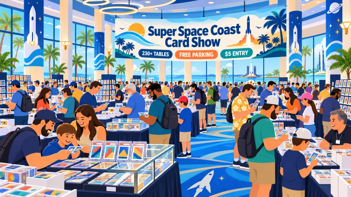 Collectors and families browse card tables, display cases, binders, and bargain boxes inside a bright Cape Canaveral hotel convention hall beneath a Super Space Coast Card Show banner.