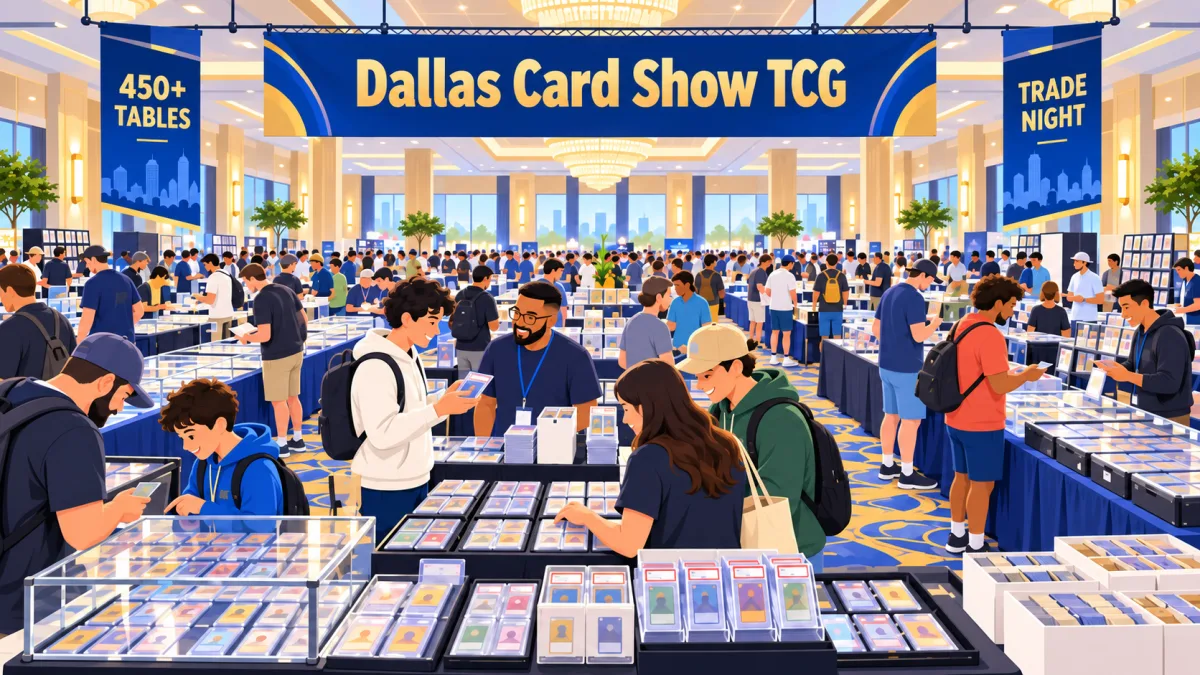 Illustration of collectors browsing rows of trading card tables inside a hotel ballroom beneath a Dallas Card Show TCG banner with 450+ Tables and Trade Night callouts.