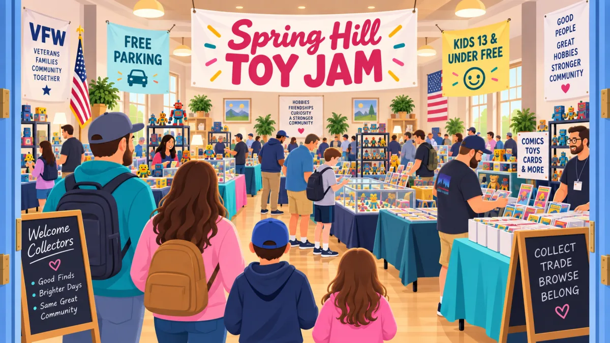 Collectors and families browse cards, toys, and comics inside a community event hall beneath a Spring Hill TOY JAM banner.