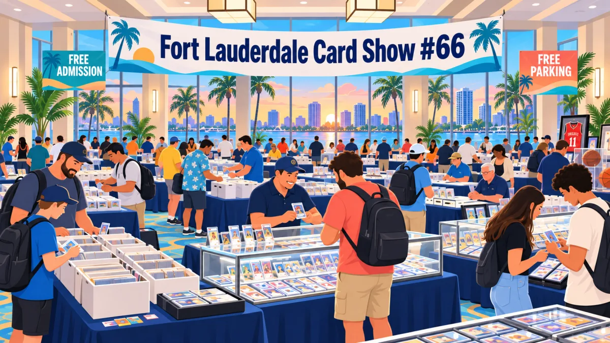 Illustration of collectors browsing card and memorabilia tables beneath a Fort Lauderdale Card Show #66 banner inside a hotel event room.