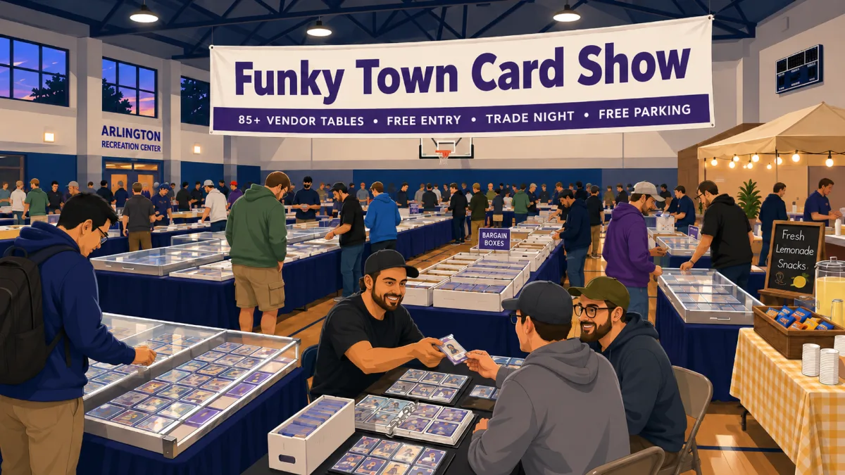 Illustrated interior of Funky Town Card Show at Meadowbrook Recreation Center, with collectors browsing vendor tables and trading beneath an event banner.