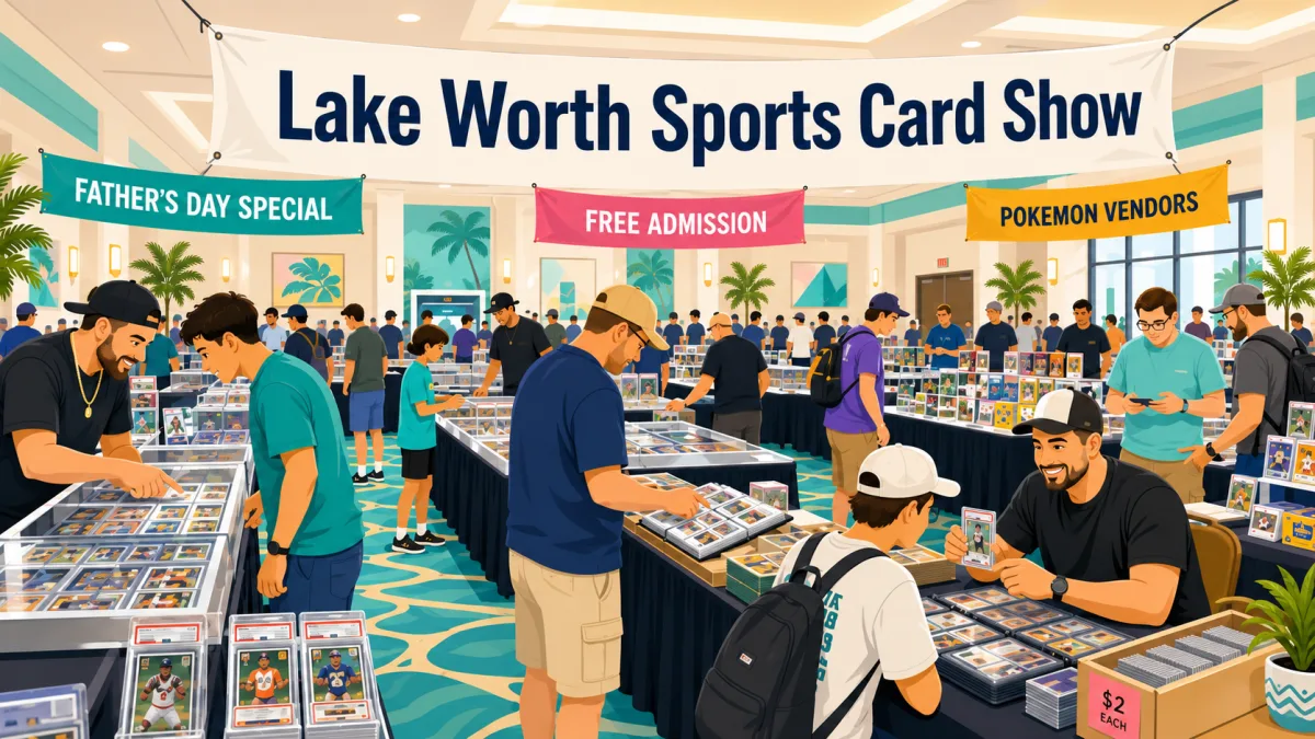 Lake Worth Sports Card Show fills a busy Florida ballroom with collectors browsing graded card displays, PSA slabs, and rows of dealer tables.
