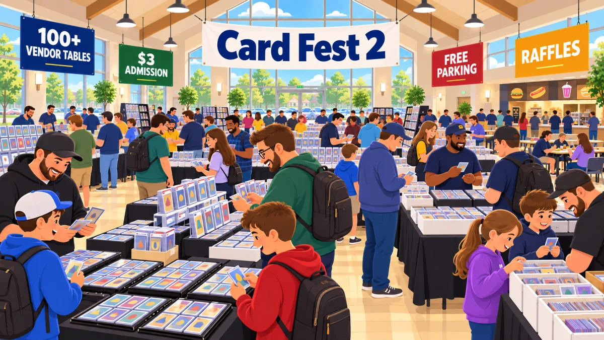 Collectors and families browse vendor tables, display cases, binders, and graded cards inside a bright community pavilion beneath a Card Fest 2 banner.