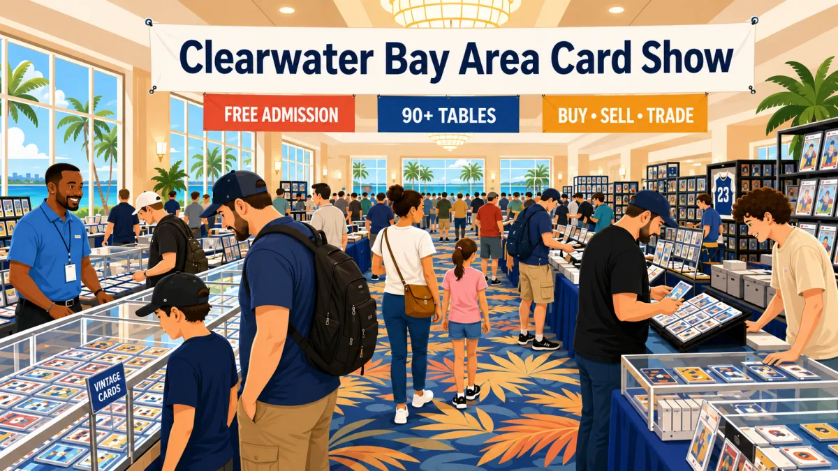 Illustration of collectors entering the Clearwater Bay Area Card Show and browsing 90+ tables of trading cards, comics, and memorabilia inside Banquet Masters.