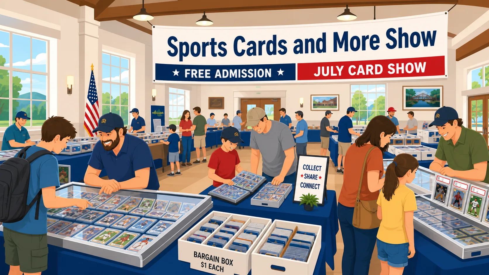 Sports Cards and More Show floor with families browsing glass display cases of graded cards, $1 bargain boxes, and a free admission banner overhead.