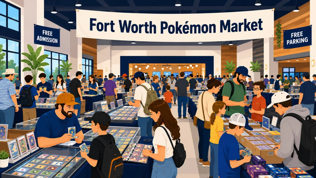 Fort Worth Pokémon Market draws crowds browsing vendor tables with Pokémon card displays, binders, and booster boxes in a busy convention hall.