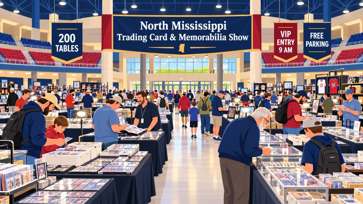 Illustrated trading card show floor inside a civic center arena, with collectors browsing vendor tables beneath a North Mississippi Trading Card & Memorabilia Show banner.