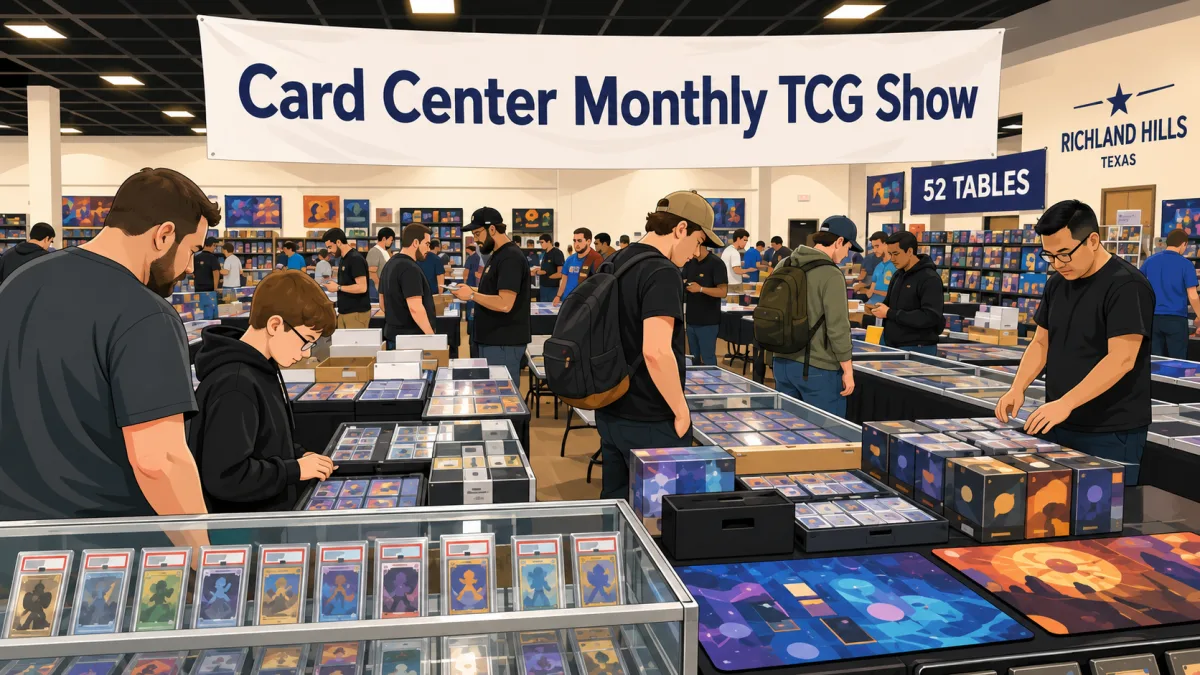 Card Center Monthly TCG Show in Richland Hills, Texas, with 52 vendor tables, graded slab display cases, and collectors browsing booster boxes and playmats.
