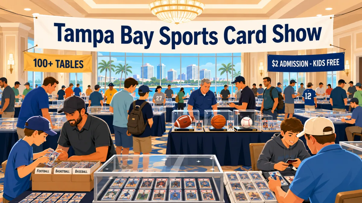Tampa Bay Sports Card Show in a waterfront hotel ballroom with collectors browsing graded slabs in glass cases, autographed sports balls, and bargain boxes.