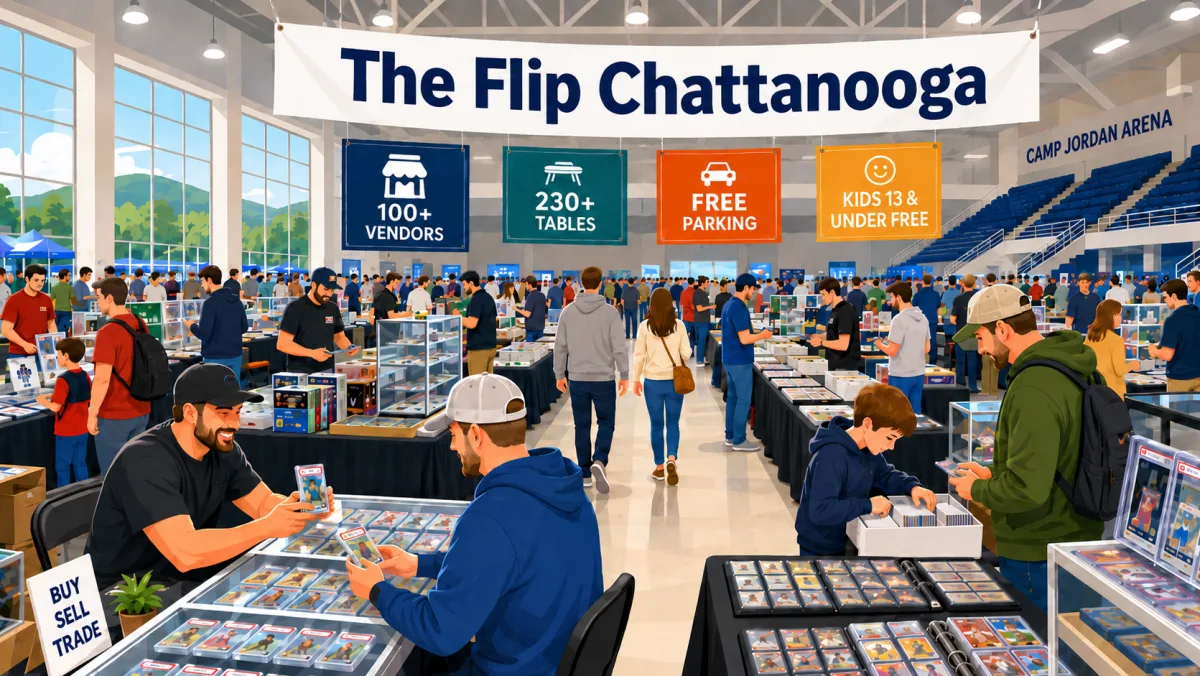 The Flip Chattanooga card show inside Camp Jordan Arena, with vendors at glass display cases, binders of trading cards, and a busy buy-sell-trade aisle.