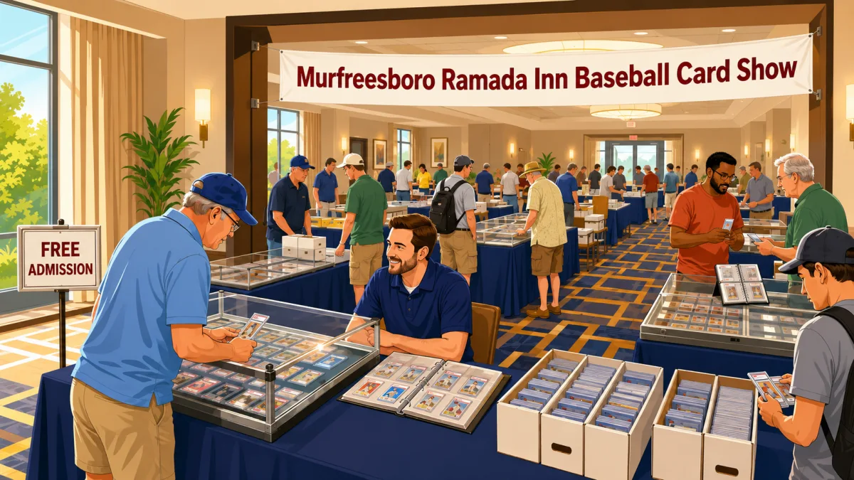 Collectors browse baseball cards at vendor tables inside a Murfreesboro hotel meeting room beneath a Murfreesboro Ramada Inn Baseball Card Show banner and a free-admission sign.