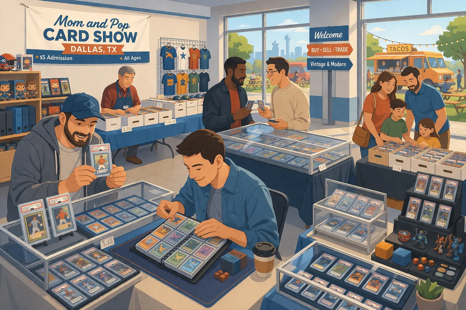 Mom and Pop Card Show Dallas hero illustration showing a family looking through a box of trading cards at a busy local card show, with vendor tables, display cases, collectors browsing, and a food truck serving tacos in the background.