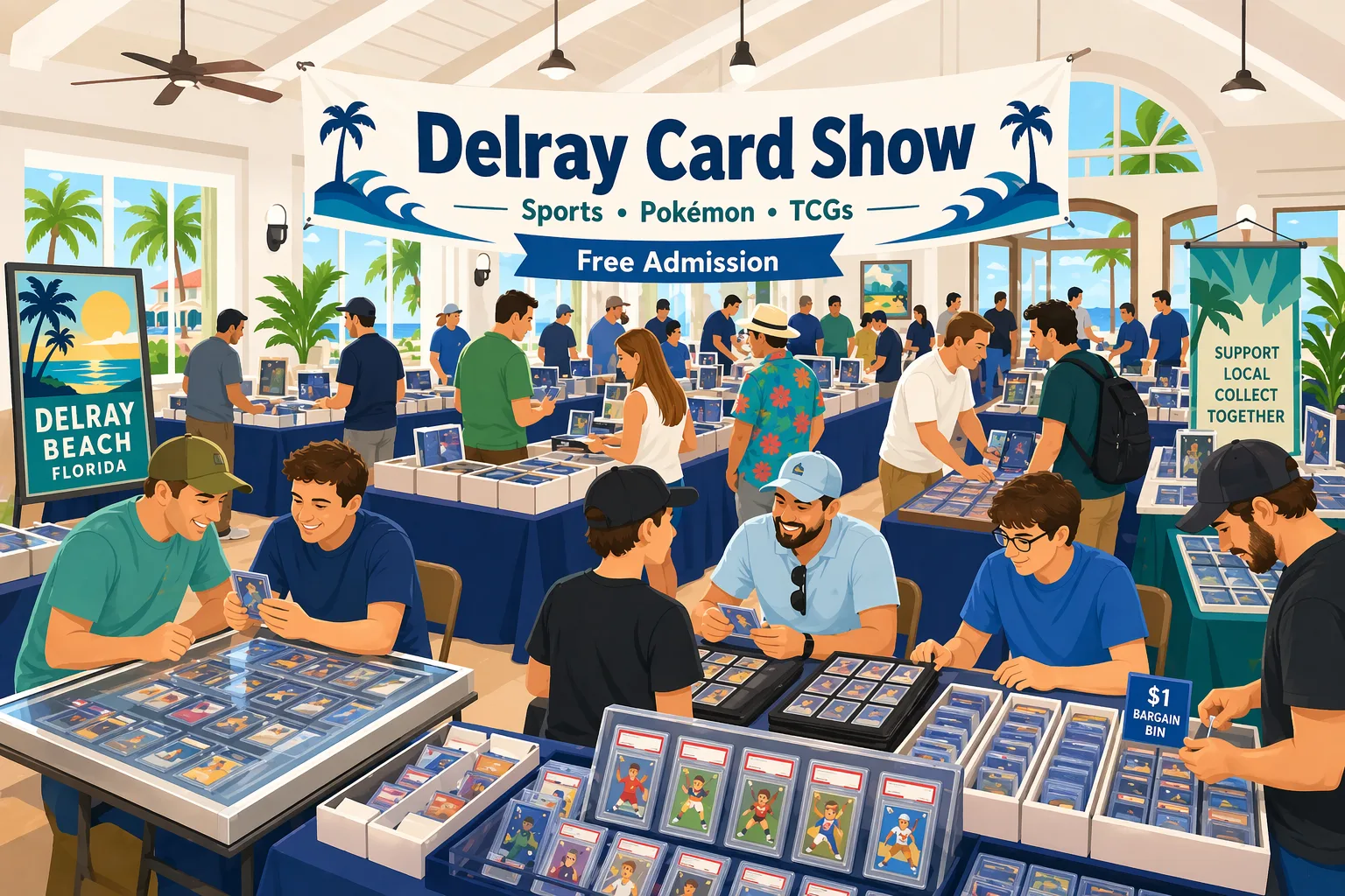 Illustration of the Delray Card Show in Delray Beach, Florida, inside a lodge ballroom with vendor tables, display cases, graded slabs, card boxes, binders, and collectors browsing sports cards and TCGs.