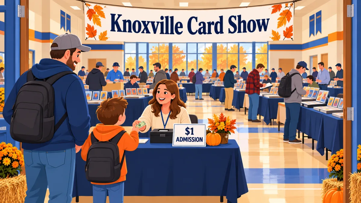 An adult and child arrive at an admission table while collectors browse trading cards beneath a Knoxville Card Show banner. A small sign lists $1 admission.