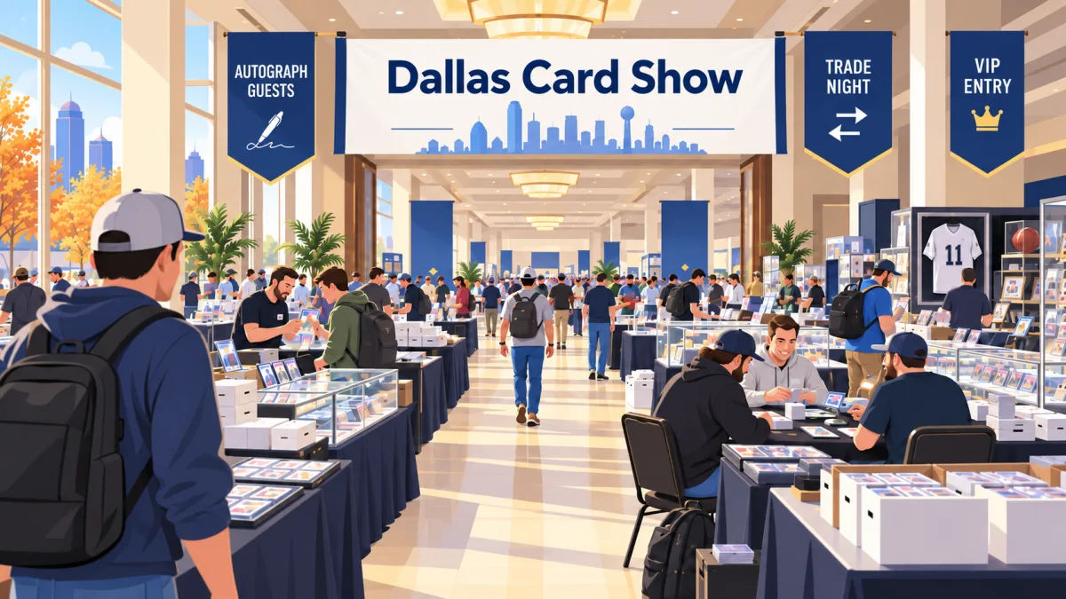 Illustration of collectors browsing card tables in an Allen hotel convention hall beneath a Dallas Card Show banner with autograph, trade night, and VIP callouts.
