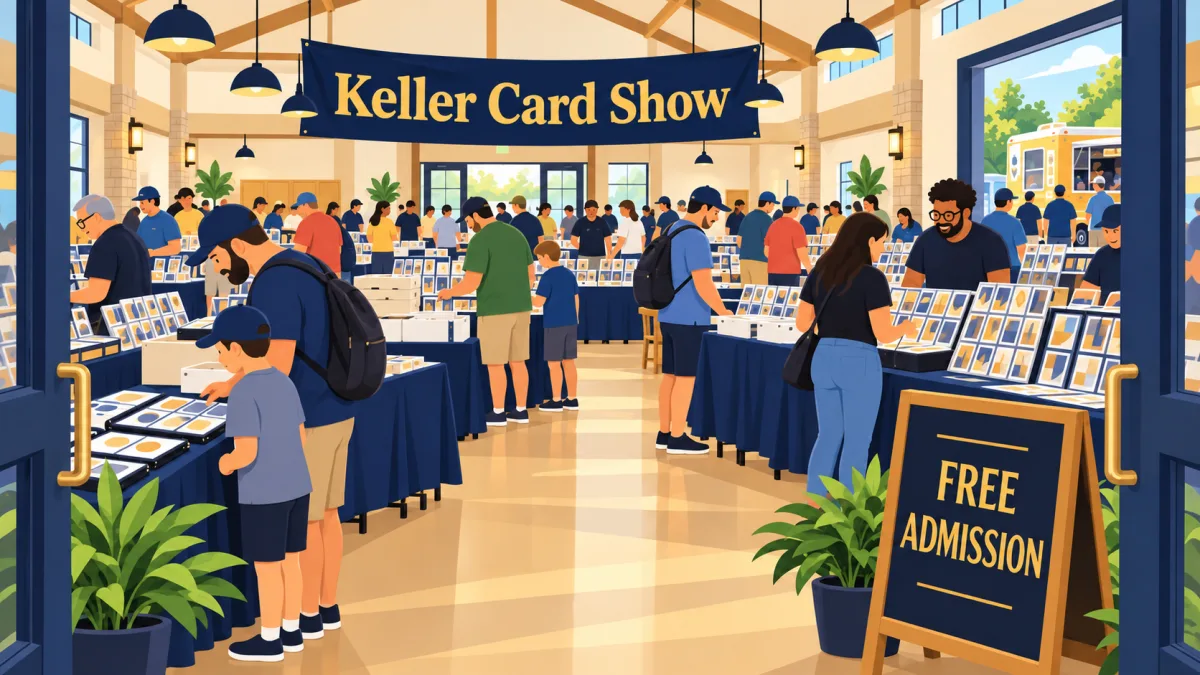 Collectors and families browse trading card tables beneath a Keller Card Show banner in a warmly lit community hall. A free admission sign hangs nearby, with a food truck visible through a side doorway.