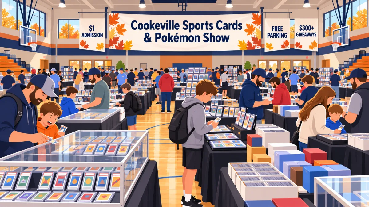 An editorial illustration of families and collectors browsing card tables inside a school gym beneath a Cookeville Sports Cards & Pokémon Show banner.