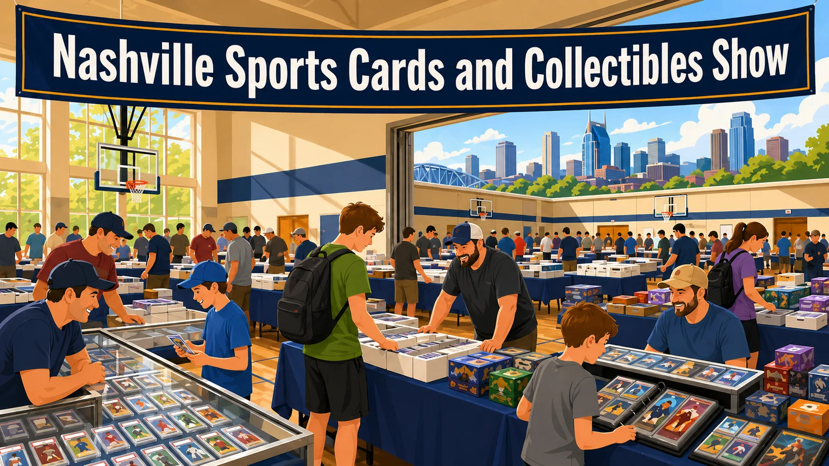 Nashville Sports Cards and Collectibles Show in a packed gymnasium with graded card display cases, sealed box vendor tables, and city skyline backdrop.