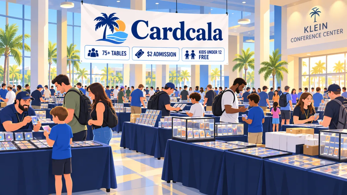 Illustrated Cardcala show floor inside the Klein Conference Center, with collectors browsing vendor tables beneath signs for 75+ tables and $2 admission.