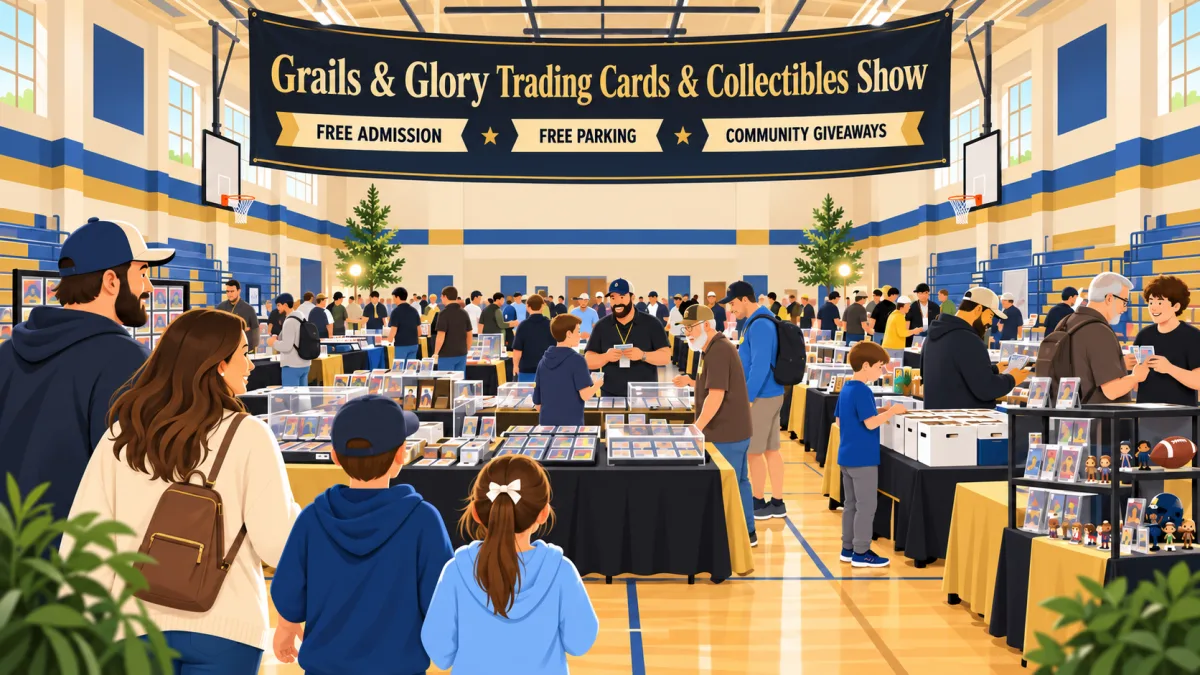 Illustration of collectors and families browsing card tables in a school event hall beneath a Grails & Glory Trading Cards & Collectibles Show banner.