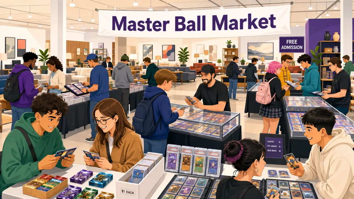 Illustration of collectors browsing card tables, display cases, and trade binders beneath a Master Ball Market banner and a free admission sign inside a bright Aurora event space.