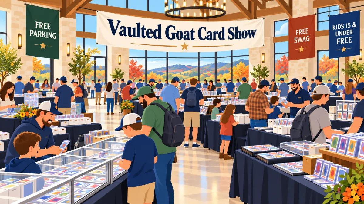 Collectors and families browse card displays and vendor tables inside a Hill Country event hall beneath a Vaulted Goat Card Show banner.