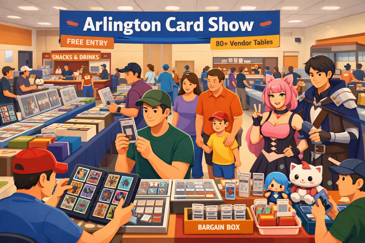 Arlington Card Show hero illustration in Arlington, Texas, showing a busy community card show with vendor tables, collectors browsing trading cards, a woman cosplaying and making a peace sign, and family-friendly hobby activity on May 30, 2026.