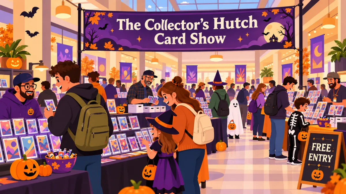 Collectors and costumed families browse card tables decorated with pumpkins and treat bowls beneath a banner for The Collector's Hutch Card Show.