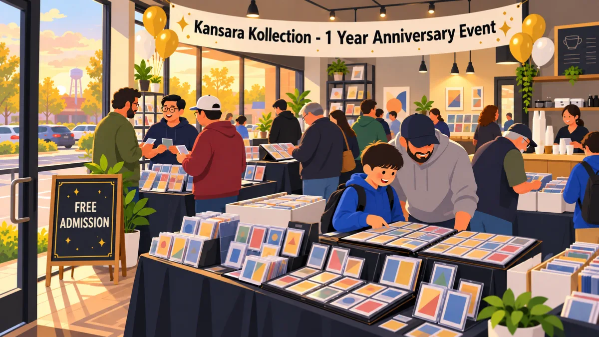 Collectors browse card displays and share trade binders beneath an anniversary banner in a welcoming card shop, with a café counter in the background.