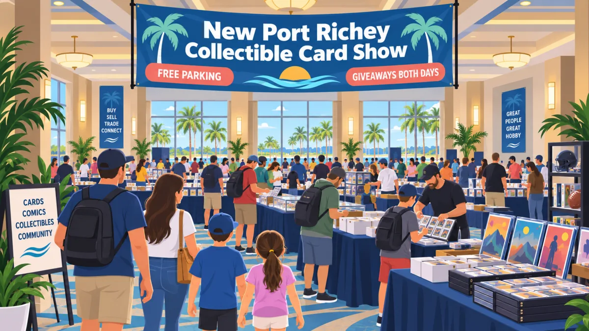 Illustration of collectors and families browsing cards and comics in a hotel conference room beneath a New Port Richey Collectible Card Show banner.