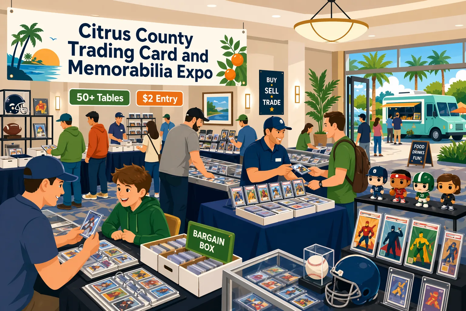 Illustration of the Citrus County Trading Card and Memorabilia Expo in Hernando, Florida, showing a hotel conference room filled with vendor tables, display cases, slabs, card boxes, comics, collectibles, and collectors browsing.